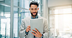 Office, businessman and information with tablet for financial advisor, corporate growth and investment. Career, male person and finance consultant with digital for risk management, happy and research