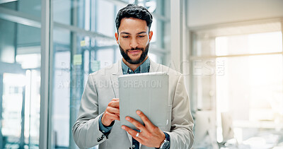 Buy stock photo Office, businessman and information with tablet for financial advisor, corporate growth and investment. Career, male person and finance consultant with digital for risk management, happy and research
