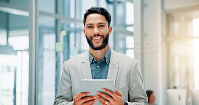 Buy stock photo Office, businessman and portrait with tablet for financial advisor, corporate growth and investment. Career, male person and finance consultant with digital for risk management, happy and performance