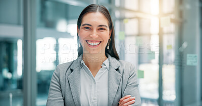Buy stock photo Corporate, employee and woman with arms crossed, office and confident for job promotion and portrait. Business, accountant and person with smile for opportunity, happy and ambitious in New York