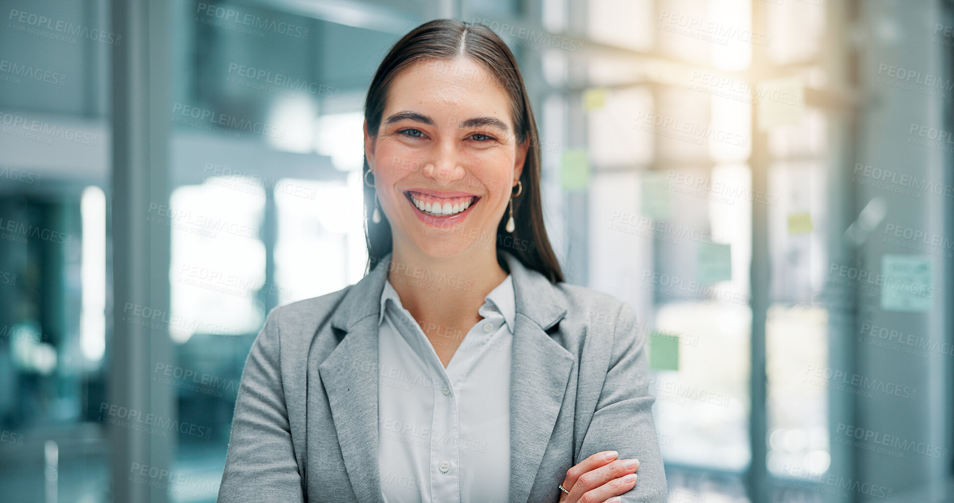 Buy stock photo Corporate, employee and woman with arms crossed, office and confident for job promotion and portrait. Business, accountant and person with smile for opportunity, happy and ambitious in New York