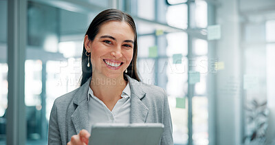 Buy stock photo Business, smile or woman with tablet, portrait or corporate professional with digital app for tax report. Person, employee or investor with tech, online stats or internet with email or stock exchange