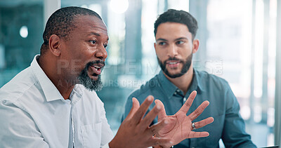 Buy stock photo Explain, mentor and employee in office, training and listening to advice for project, men and computer. Business, trainee and mature person with marketing strategy, manager or talking to colleague