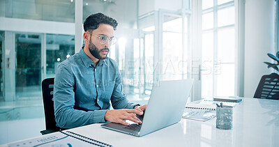 Buy stock photo Reading, laptop and man in office with research, online ideas and brainstorming for risk management. Professional, entrepreneur and businessman with thinking, typing and finance on company website