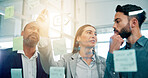 Collaboration, glass wall and thinking with business people in office for brainstorming or strategy. Conversation, ideas or sticky notes with employee men and woman in workplace for development