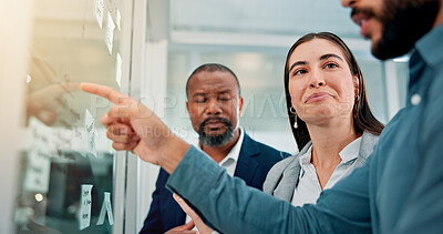Buy stock photo Collaboration, glass wall and planning with business people in office for brainstorming or strategy. Conversation, ideas or sticky notes with employee team in corporate workplace for development