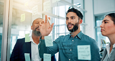 Buy stock photo Teamwork, ideas and business people at glass with collaboration, sticky note and brainstorming in office. Strategy, problem solving and planning with moodboard for growth, development and discussion