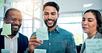 Collaboration, ideas and happy business people at glass with teamwork, sticky note or brainstorming in office. Strategy, problem solving or planning at moodboard for growth, development or discussion