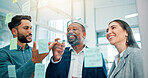 Teamwork, discussion and business people at glass with collaboration, sticky note and brainstorming in office. Strategy, problem solving and planning with moodboard for growth, development and ideas