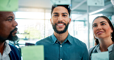 Buy stock photo Happy, ideas and business people at glass wall with collaboration, sticky note or brainstorming in office. Teamwork, problem solving and planning at moodboard for growth, development and discussion