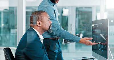 Buy stock photo Man, trading and computer screen with tablet, investing and review at office with point for stats. People, graphs and fintech app for feedback profit, revenue or monitor with data at finance agency