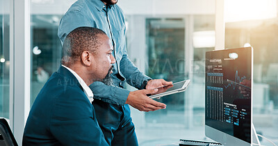Buy stock photo Man, trading and computer screen with tablet, finance and review at office with partner for stats. People, graphs and fintech app for feedback profit, revenue or monitor with data at investing agency