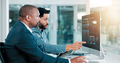Buy stock photo Man, trading and talking with tablet, monitor and partnership with review for stats at office. People, graphs and fintech app for profit, revenue and point at pc screen for data at finance agency