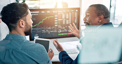 Buy stock photo Man, trading and talking with graphs, monitor and partnership with review for stats at office. People, charts and fintech app for profit, revenue and tablet by pc screen for market at finance agency