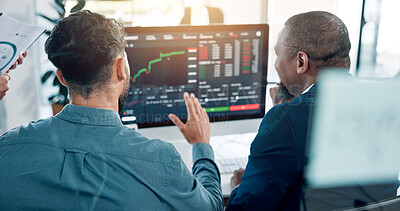 Buy stock photo Man, trading and discussion with graphs, monitor and partnership with review for statistics at office. People, charts and talking with profit, revenue and back by computer screen at finance agency
