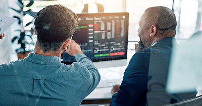Buy stock photo Man, trading and discussion with graphs, screen and partnership with review for statistics at office. People, charts and talking with profit, revenue and back by computer monitor at finance agency