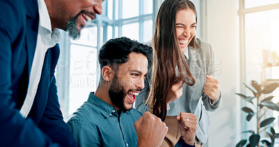 Buy stock photo Business people, celebration and success in office, support and email with positive feedback. B2b deal, employee and consulting agency with happiness, winning or achievement with smile or promotion