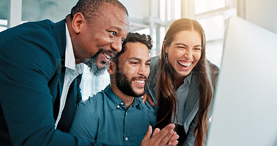 Buy stock photo Business people, success and laptop in office, computer and email with b2b deal. Winning, employee and consulting agency with pc, celebration and achievement with profit growth, victory and promotion