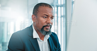 Buy stock photo Reading, computer and black man in office with research, online ideas and brainstorming for risk management. Professional, finance and mature businessman with entrepreneur problem solving on website