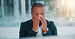 Business, black man and headache of stress in office for corporate mistake, overwhelmed and exhausted. Mature person, burnout and tension migraine at workplace for deadline pressure and mental health