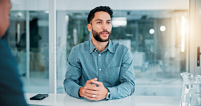 Buy stock photo Job interview, meeting and businessman in office for recruitment, opportunity or onboarding. Discussion, human resources and candidate with hiring process with vacancy in workplace for career growth.