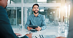 Job interview, CV review and businessman in office for recruitment, opportunity or onboarding. Meeting, human resources and candidate with hiring process with vacancy in workplace for career growth.