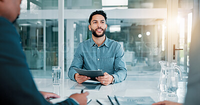 Buy stock photo Job interview, CV review and businessman in office for recruitment, opportunity or onboarding. Meeting, human resources and candidate with hiring process with vacancy in workplace for career growth.