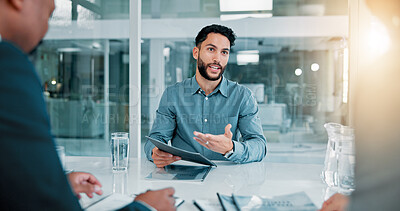 Buy stock photo Job interview, discussion and businessman with CV in office for recruitment, opportunity or onboarding. Meeting, human resources and candidate with hiring vacancy in workplace for career growth.