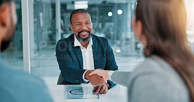 Buy stock photo Handshake, interview and business people in office with partnership, contract or recruitment. Collaboration, thank you and male candidate shaking hands with human resources for hiring opportunity.