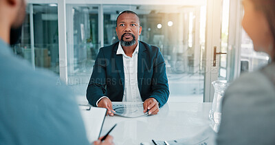 Buy stock photo Job interview, discussion and businessman in office for hiring, opportunity or onboarding. Meeting, human resources and mature candidate with recruitment process with vacancy for career growth.