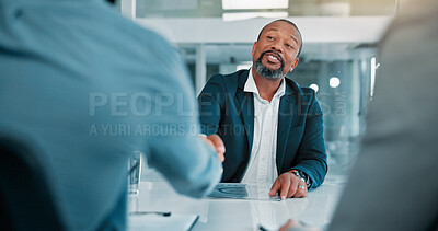 Buy stock photo Business, men and handshake for interview in office for welcome, partnership and recruitment success. People, shaking hands and deal for hiring offer, agreement and congratulations of job negotiation