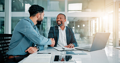 Buy stock photo Handshake, men and colleagues with laptop, boardroom and smile for successful media campaign and win. Meeting, manager and shaking hands with employee in office, happy and gesture for achievement