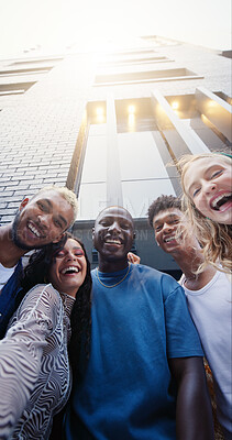 Buy stock photo Campus, portrait and student friends in city together for education, learning or scholarship from below. College, buildings or university with happy men and women outdoor for development or growth