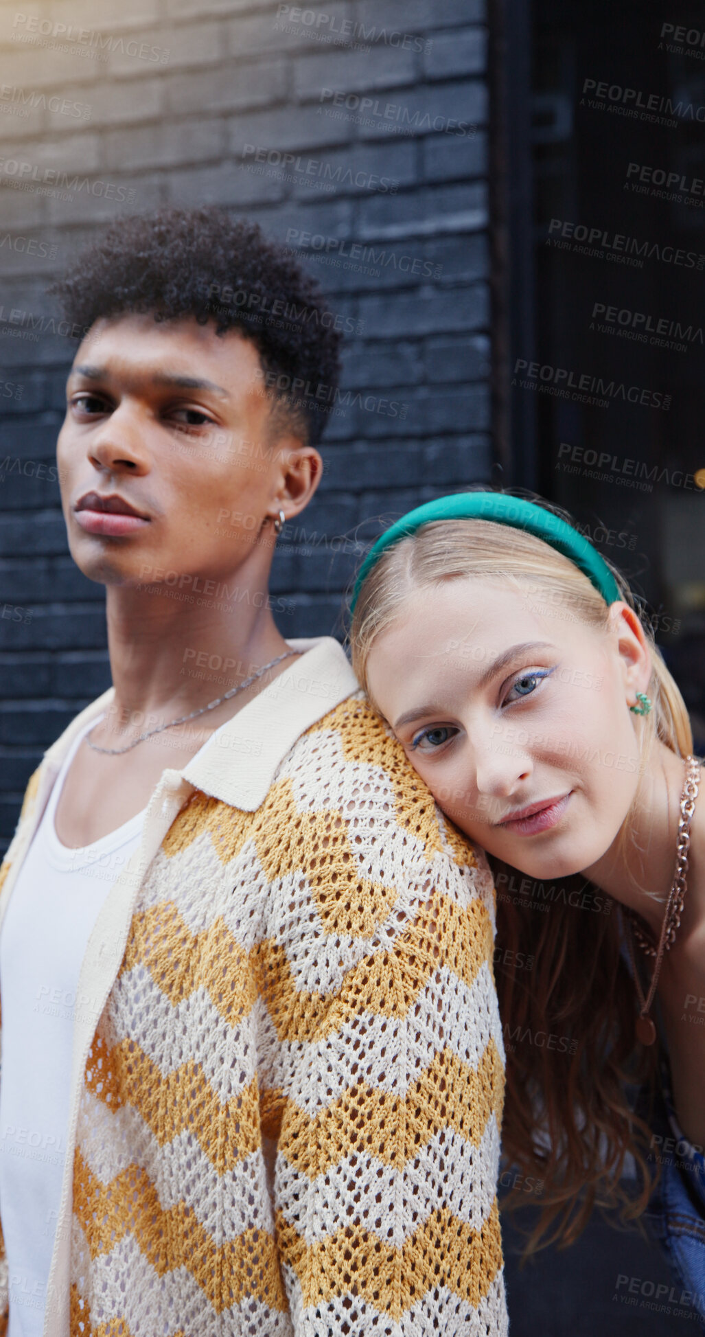 Buy stock photo Fashion, portrait and student couple in city for education or scholarship together. Campus, college or university with serious man, woman and outdoor for development, future or growth with Gen z