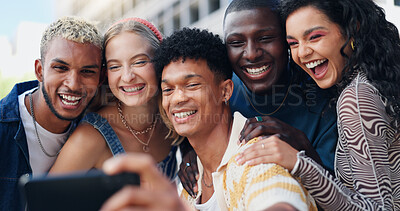 Buy stock photo Friends, group and smile with selfie in city for social media, happy memory and profile picture update. Diversity, people and laughing with photography outdoor for bonding together and vacation post