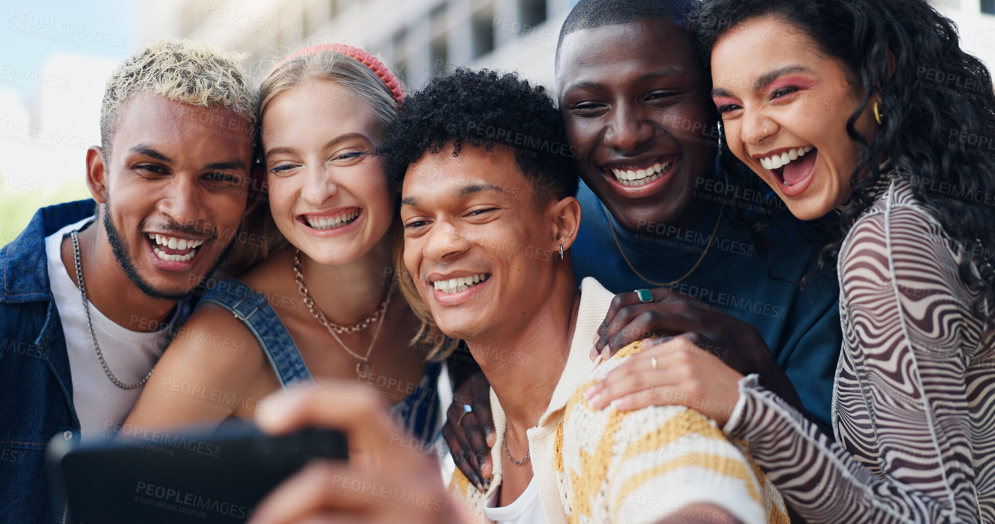 Buy stock photo Friends, group and smile with selfie in city for social media, happy memory and profile picture update. Diversity, people and laughing with photography outdoor for bonding together and vacation post