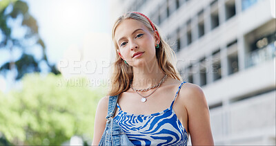 Buy stock photo Fashion, serious and portrait of woman in city for streetwear,  trendy or gen z clothes. Confident, cool and face of female person from London with casual, cool or stylish outfit in urban town.