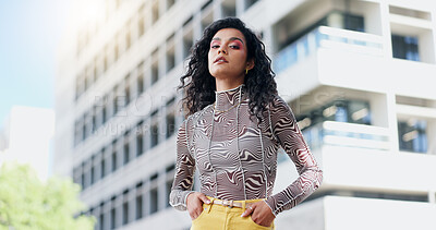 Buy stock photo Style, serious and portrait of woman in city for streetwear,  trendy or gen z clothes. Confident, cool and face of female person from London with casual, edgy or fashion outfit in urban town.