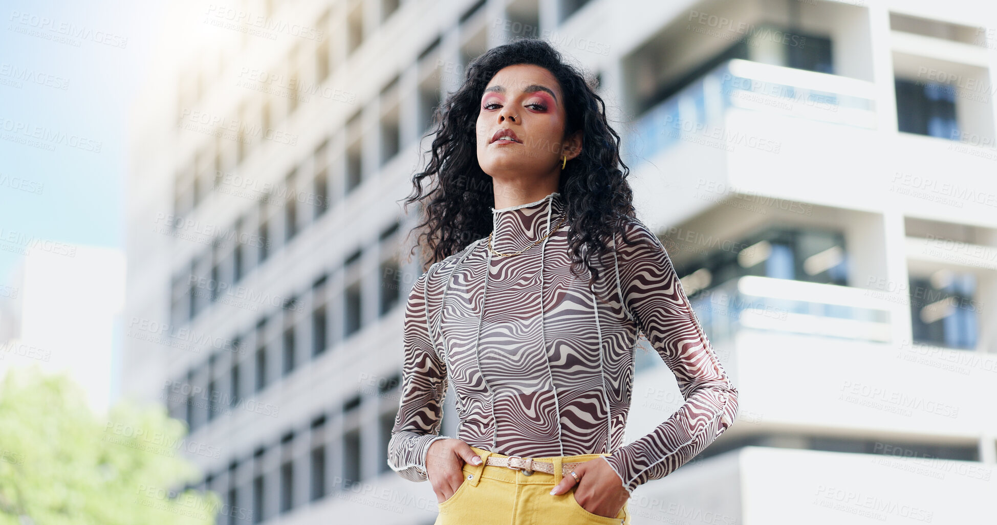 Buy stock photo Style, serious and portrait of woman in city for streetwear,  trendy or gen z clothes. Confident, cool and face of female person from London with casual, edgy or fashion outfit in urban town.