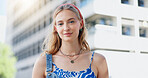 Fashion, smile and portrait of woman in city for streetwear,  trendy or gen z clothes. Confident, cool and face of female person from London with casual, edgy or stylish outfit in urban town.