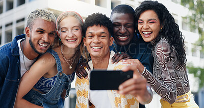 Buy stock photo Friends, people and smile with selfie in city for travel post, holiday memory and profile picture update. Diversity, group and happy with photography outdoor for bonding together and vacation break