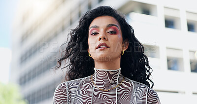 Buy stock photo Serious, fashion and portrait of woman in city with makeup, streetwear or trendy clothes. Beauty, confident and female person with facial cosmetics and stylish, edgy or casual outfit in urban town.