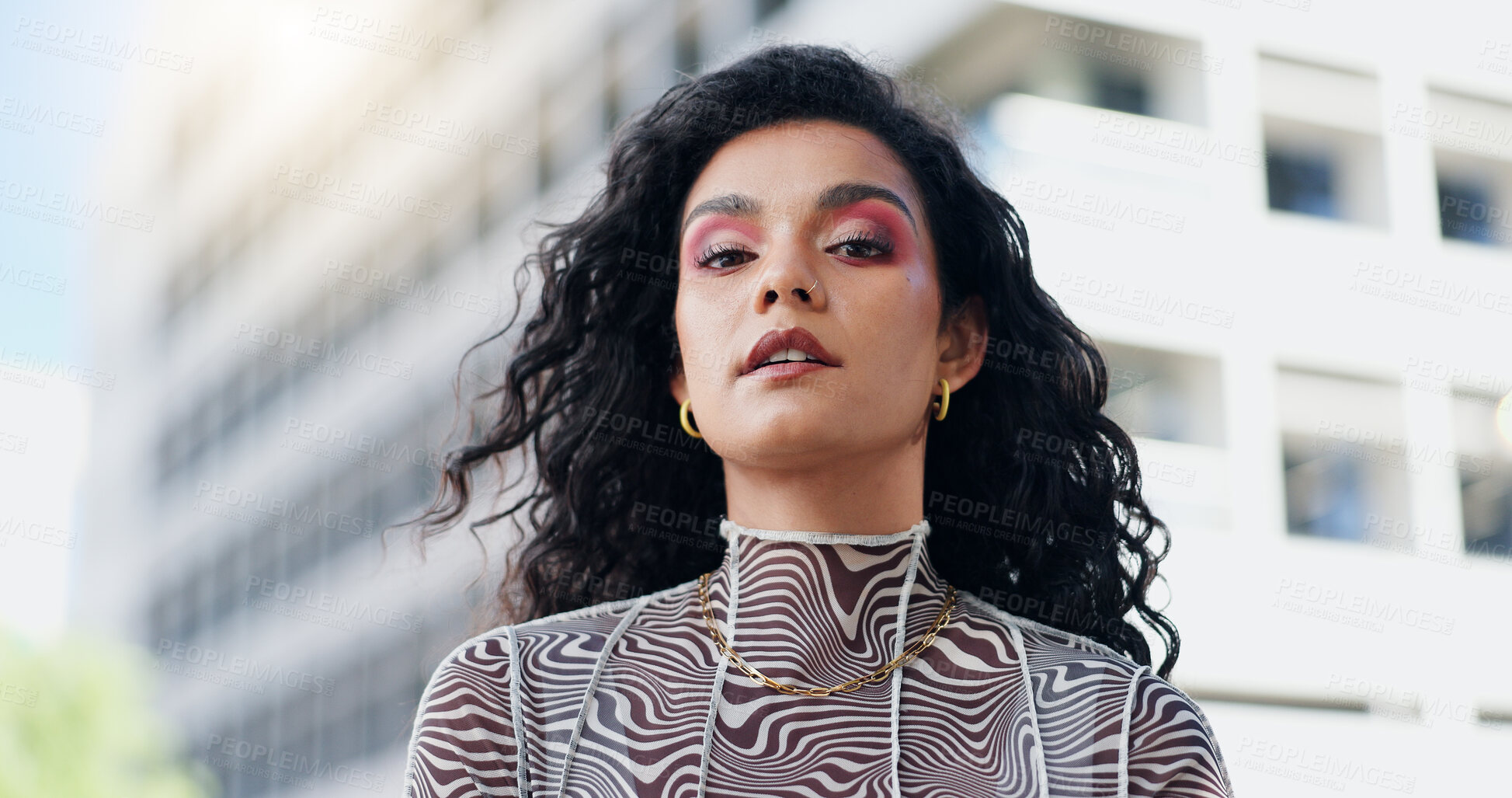 Buy stock photo Serious, fashion and portrait of woman in city with makeup, streetwear or trendy clothes. Beauty, confident and female person with facial cosmetics and stylish, edgy or casual outfit in urban town.