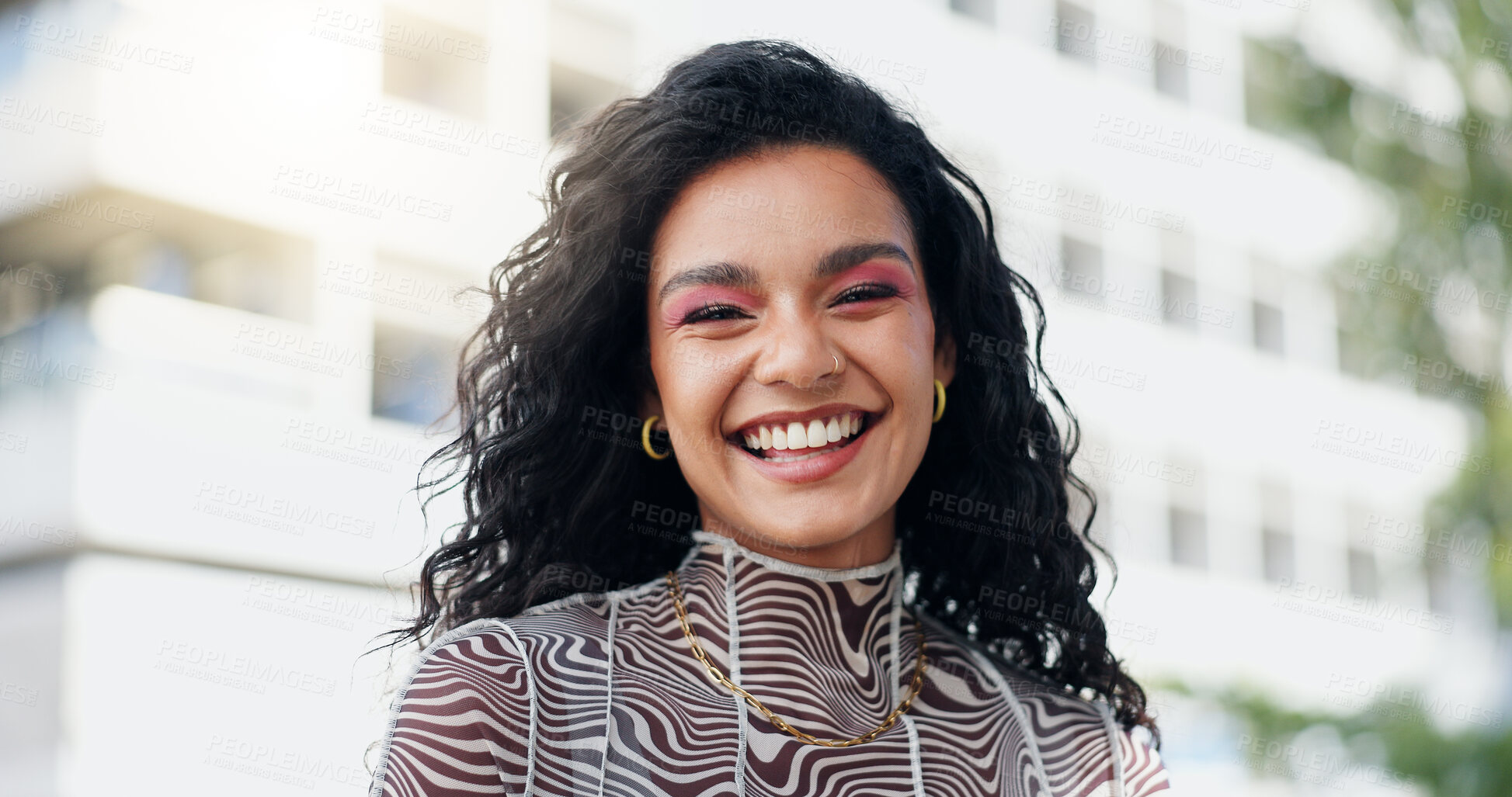 Buy stock photo Happy, fashion and portrait of woman in city with makeup, streetwear or trendy clothes. Smile, confident and female person with facial cosmetics and stylish, edgy or casual outfit in urban town.