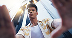 Below, frame and portrait of man in city with confidence for style, trendy and outfit. Low angle, perspective and selfie of person in urban town for fashion, aesthetic and picture for photography