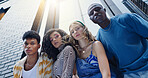 Below, fashion and portrait of friends in city with confidence for style, trendy clothes and outfit. Low angle, creative and men and women in urban town for perspective, aesthetic and photography
