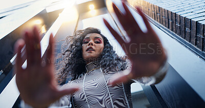 Buy stock photo Below, frame and portrait of woman in city with confidence for style, trendy or outfit. Low angle, perspective and selfie of person in urban town for fashion, aesthetic and picture for photography