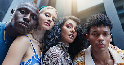 Buy stock photo Fashion, portrait and student friends in city together for education or scholarship from below. Campus, college or university with serious men and women outdoor for development, future or growth