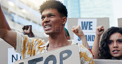 Buy stock photo Protest, man and people with poster in city for equal rights, economic change and stop inequality with solidarity. Group, frustrated and fist with cardboard outdoor for support, justice and equality
