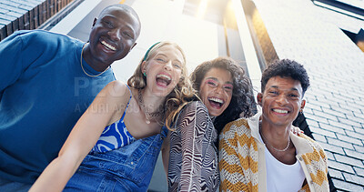 Buy stock photo Buildings, portrait and student friends in city together for fashion, laughing or style from below. Campus, college or university with happy men and women outdoor for streetwear in urban outfit